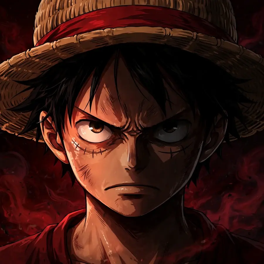 Dark luffy pfp: original close-up, half face in shadow, red-black background