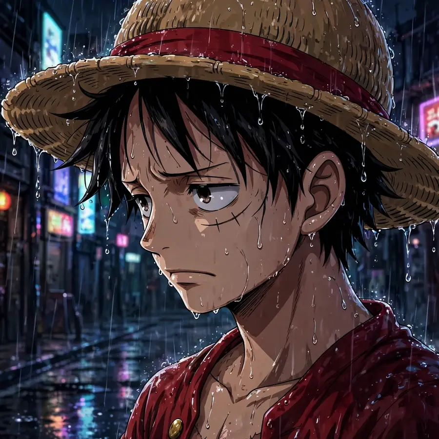 Luffy pfp: original captain with straw hat in the rain, cinematic mood