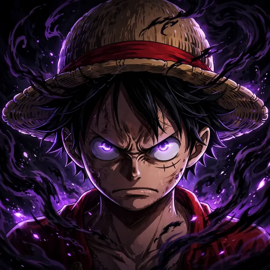 Dark luffy pfps: original captain with glowing eyes in purple-black darkness
