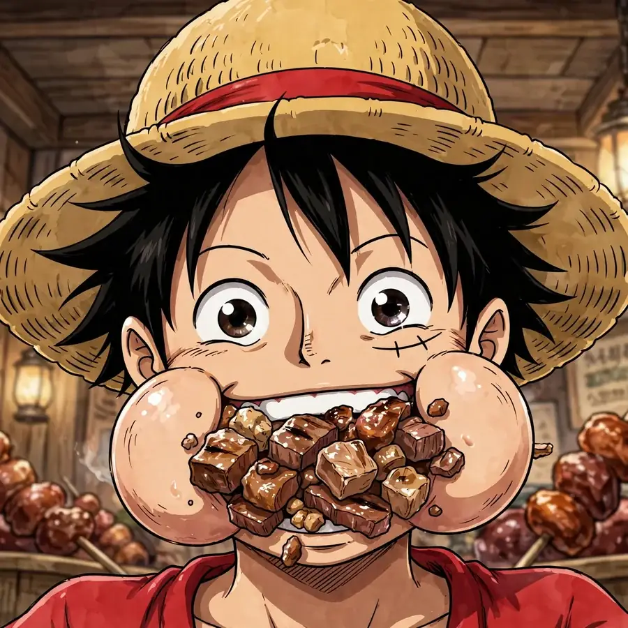 Luffy pfp funny: original captain with cheeks puffed full of meat