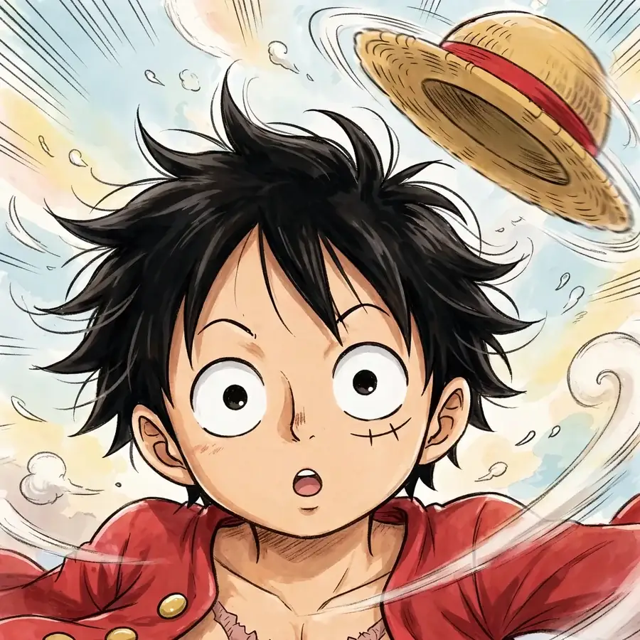 Luffy pfp: original surprised captain with wide eyes, straw hat flying