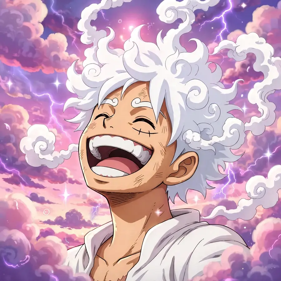 Luffy Gear 5 pfp: original white-haired captain laughing under pink-purple clouds