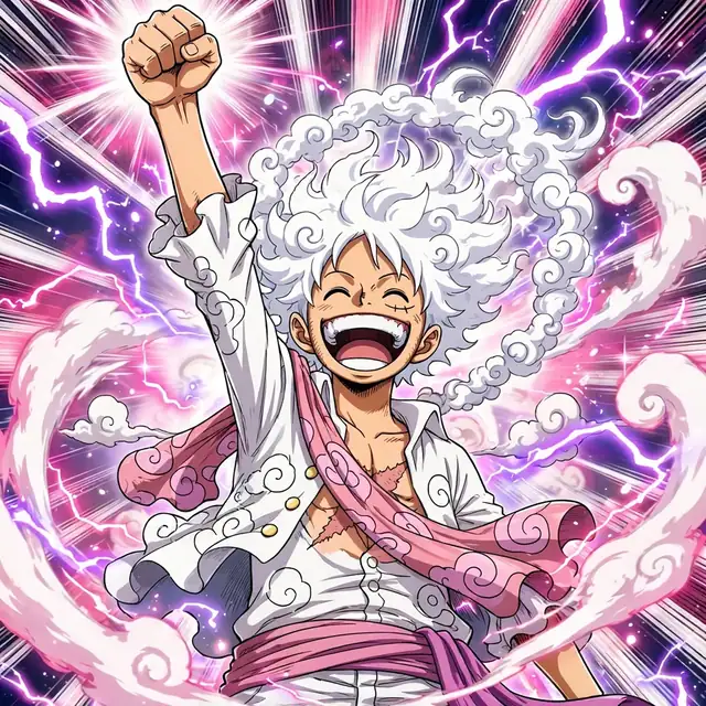 Luffy pfp: original Gear 5 captain with fist raised, dynamic energy
