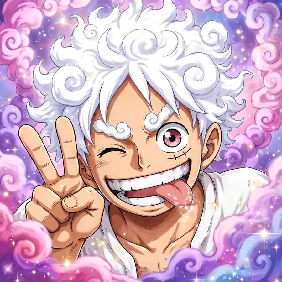 Luffy pfps: original playful Gear 5 captain among swirling white clouds