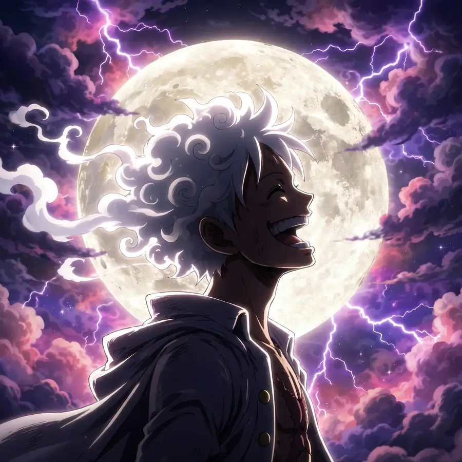 High quality luffy pfp: original Gear 5 silhouette with white hair against the moon