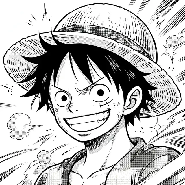 Luffy pfp manga: original ink-style grinning captain with straw hat