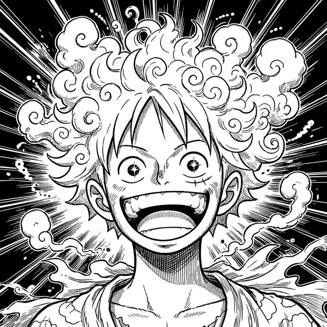 Luffy anime pfp manga: original Gear 5 laughing captain, white ink on black