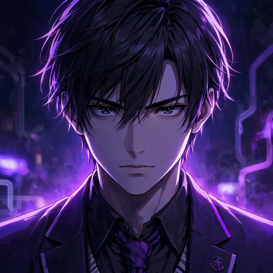 Light yagami pfp aesthetic: original anime illustration of dark-haired student in purple neon glow