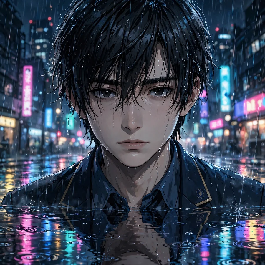Aesthetic light yagami pfp: original anime student portrait in rain with city reflections
