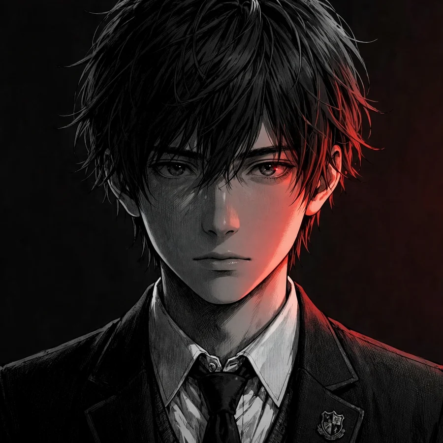 Light yagami pfp aesthetic: original monochrome anime portrait with single red accent light