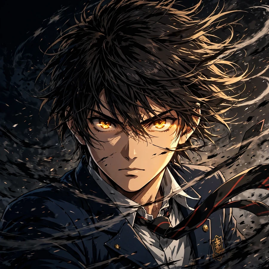 Light yagami pfp: original anime portrait with glowing eyes and dramatic hair motion