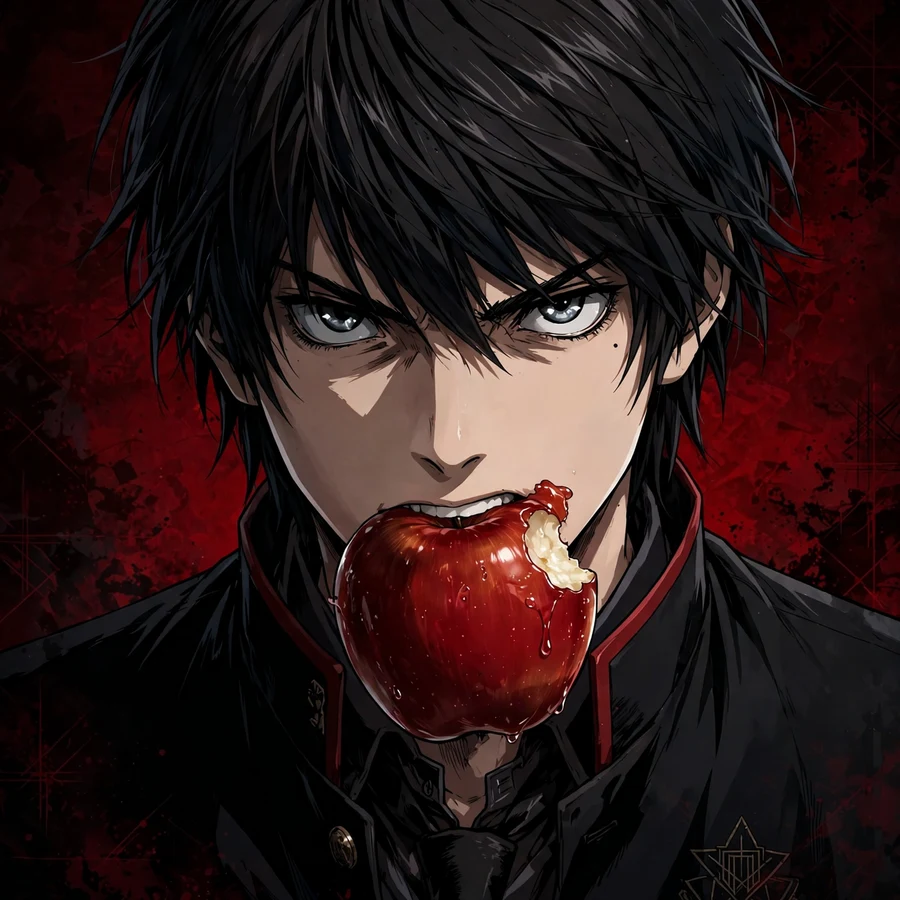 Light yagami pfp: original anime illustration of dark-haired student biting a red apple