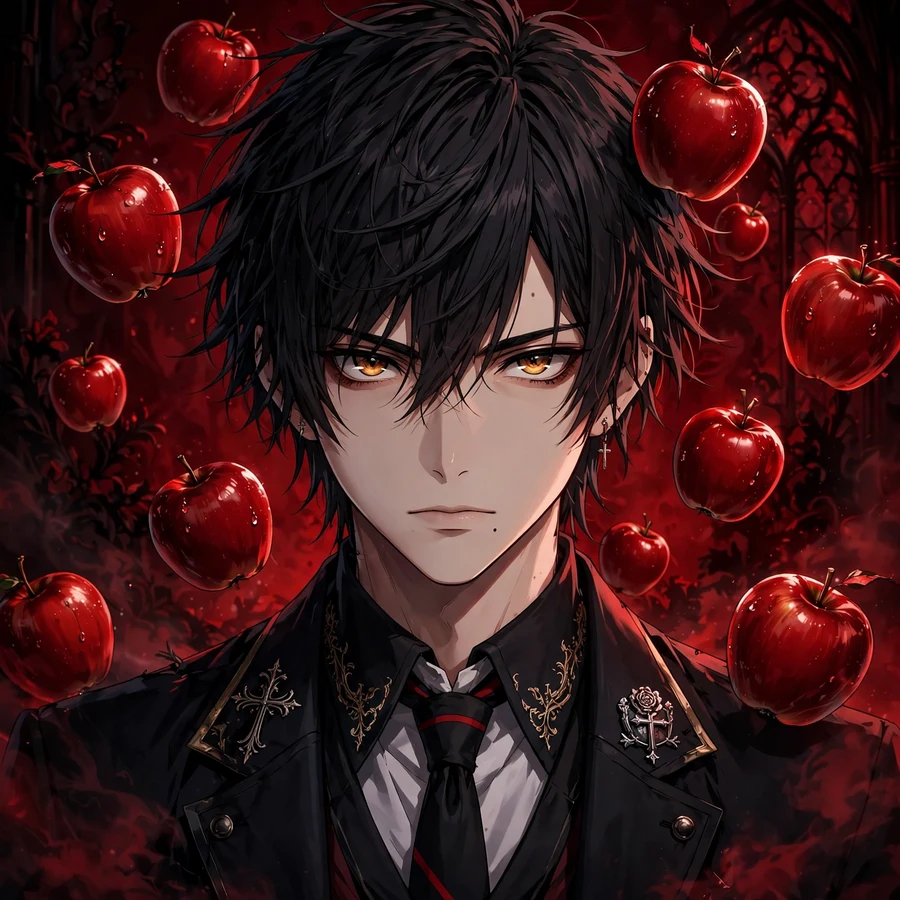 Light yagami pfp: original anime portrait with floating red apples and crimson background