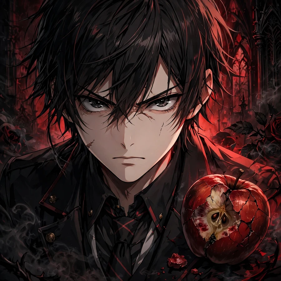 Light yagami pfp: original dramatic anime close-up with cracked red apple motif