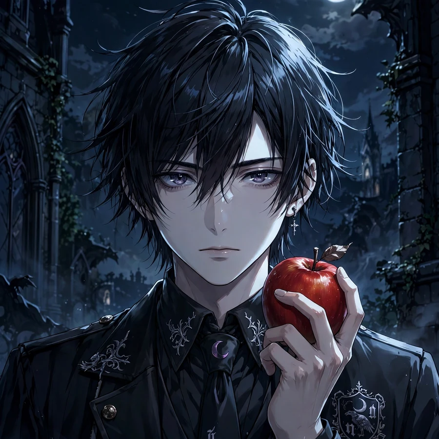 Light yagami pfp: original gothic anime portrait with apple in hand under moonlight