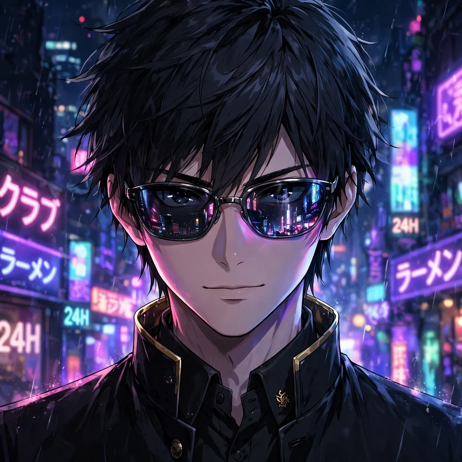 Cool light yagami pfp: original anime illustration of dark-haired student with sunglasses at night