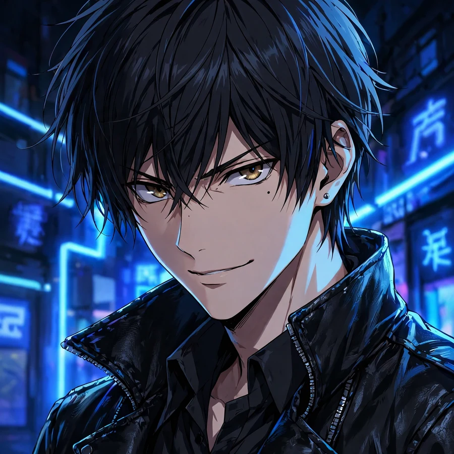 Cool light yagami pfp: original anime illustration in leather jacket under blue light