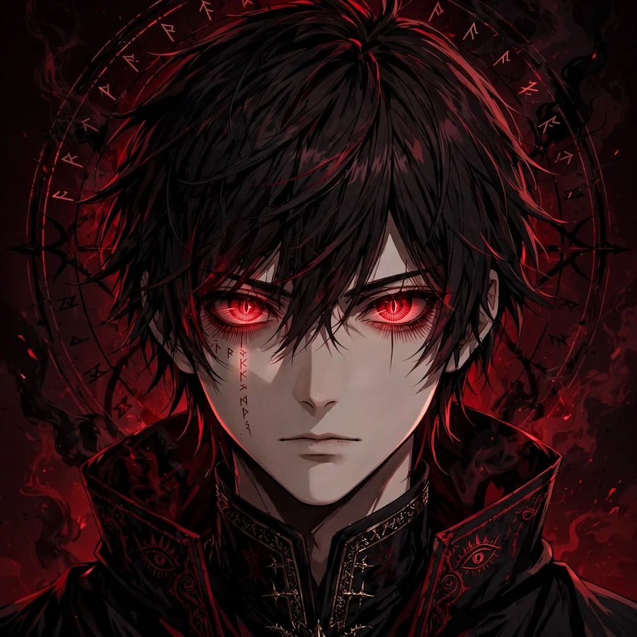 Kira pfp: original anime illustration of dark-haired figure as dark god with all-seeing gaze