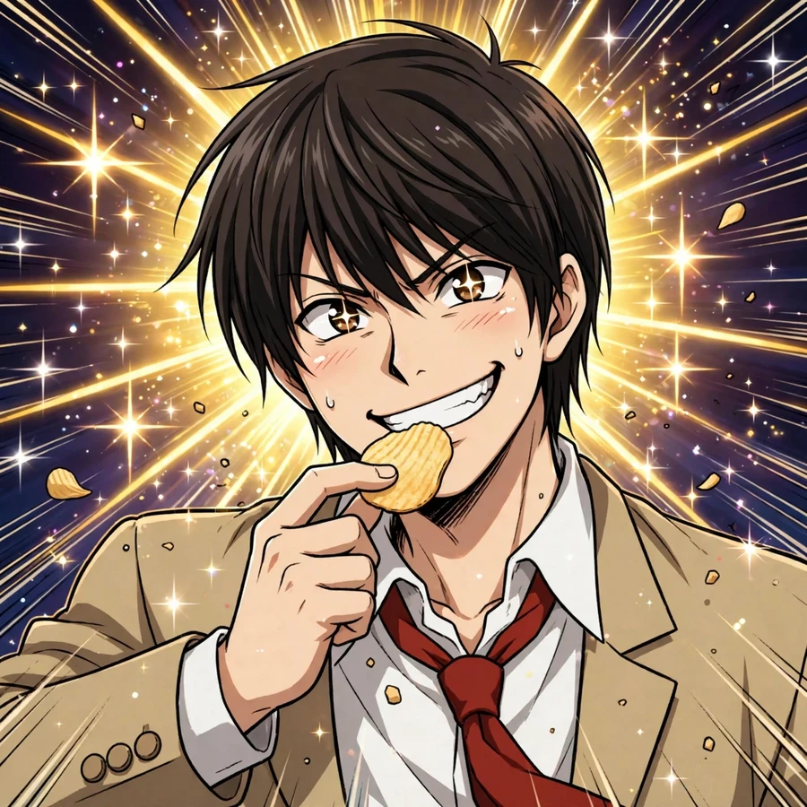 Funny light yagami pfp: original comedic anime illustration of student eating a potato chip dramatically