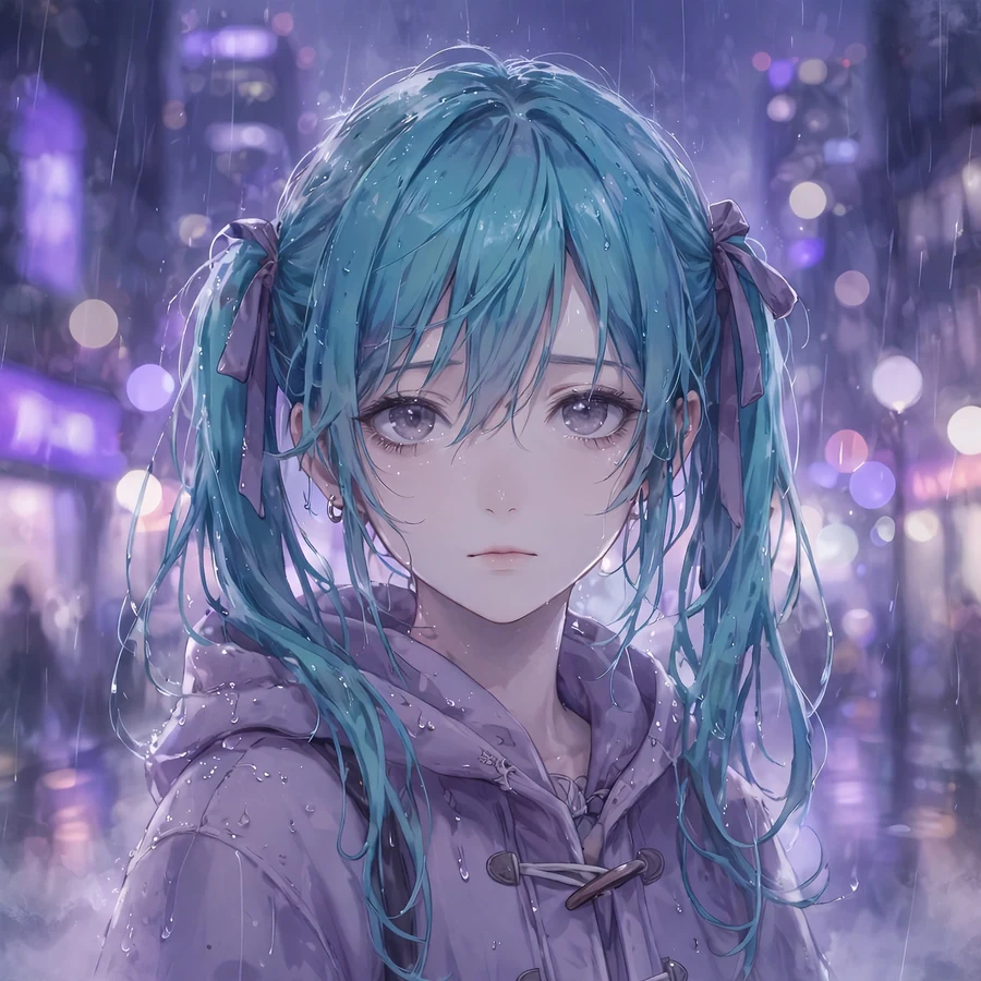Aesthetic hatsune miku pfp: original dreamy anime portrait in rain with city bokeh lights