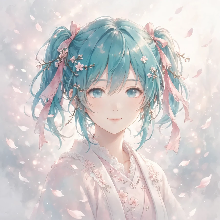 Aesthetic miku pfp: original anime illustration among floating cherry blossom petals