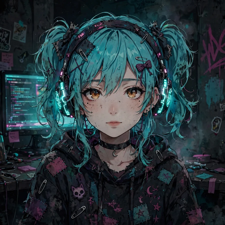 Hatsune miku aesthetic: original soft-grunge anime art with glowing headphones in monitor light