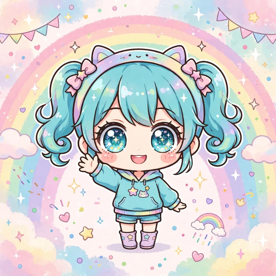 Chibi miku pfp: original tiny turquoise twin-tail girl with huge sparkling eyes waving hello