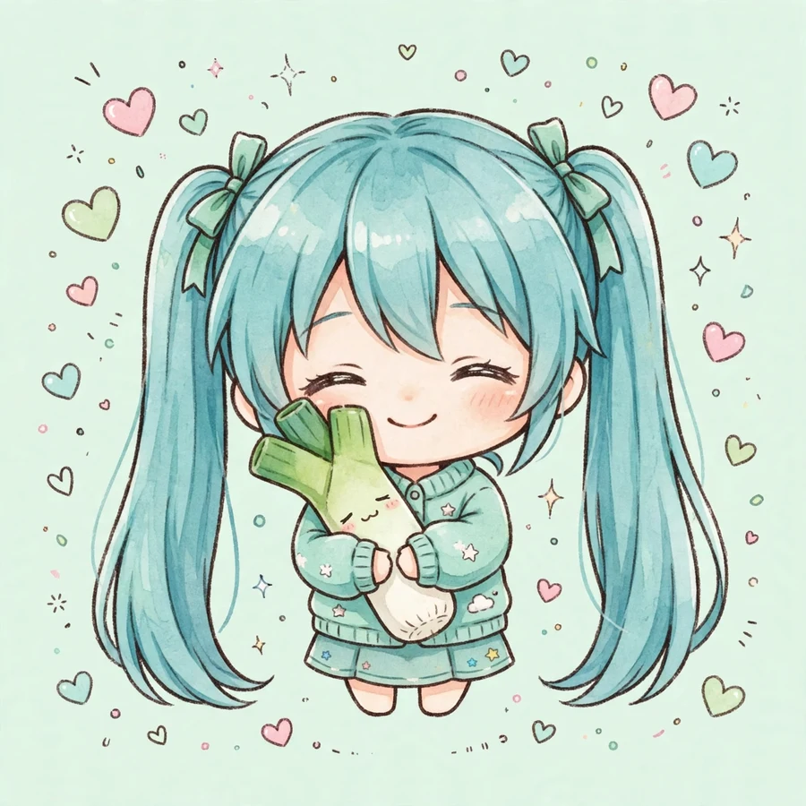 Miku hatsune pfp: original chibi illustration hugging a plush toy with sleepy smile