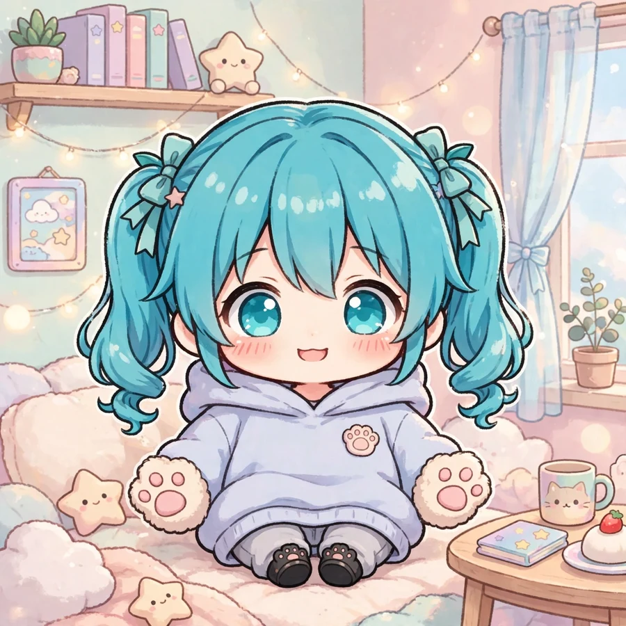 Cute hatsune miku pfp: original chibi anime art in oversized hoodie with paw sleeves