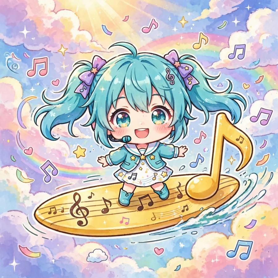 Chibi miku pfp: original tiny twin-tail singer riding a giant music note