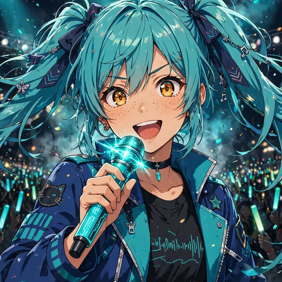 Hatsune miku pfp: original anime illustration of turquoise twin-tail singer girl with glowing microphone on stage