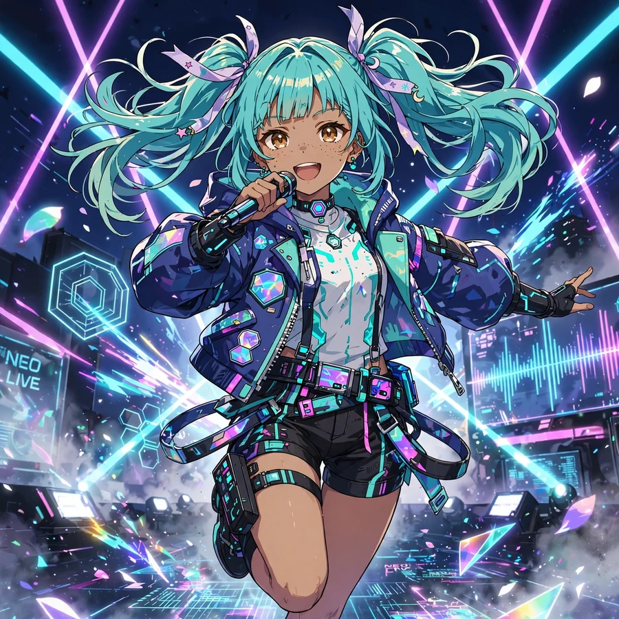 Miku pfp: original anime art of turquoise twin-tail virtual idol with holographic stage effects