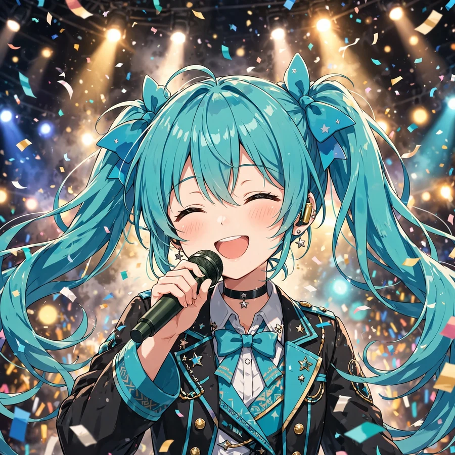 Hatsune miku pfps: original anime illustration of turquoise twin-tail singer mid-performance with confetti