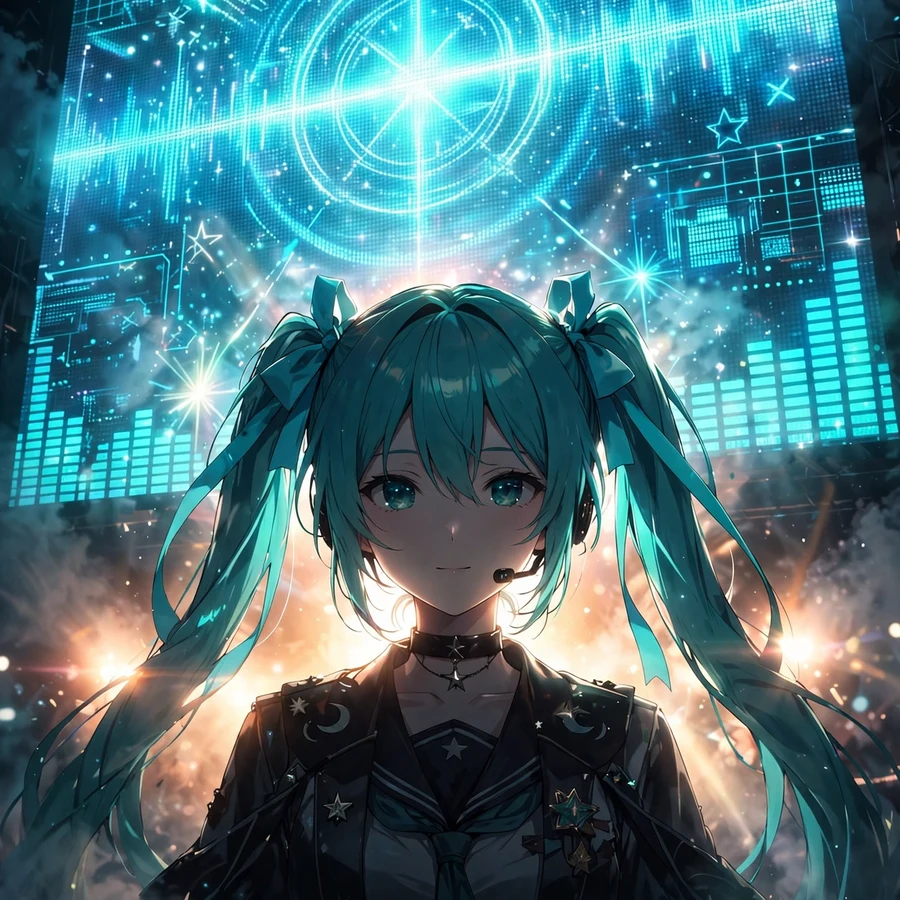Miku profile picture: original anime art of turquoise twin-tail idol silhouette against LED visuals