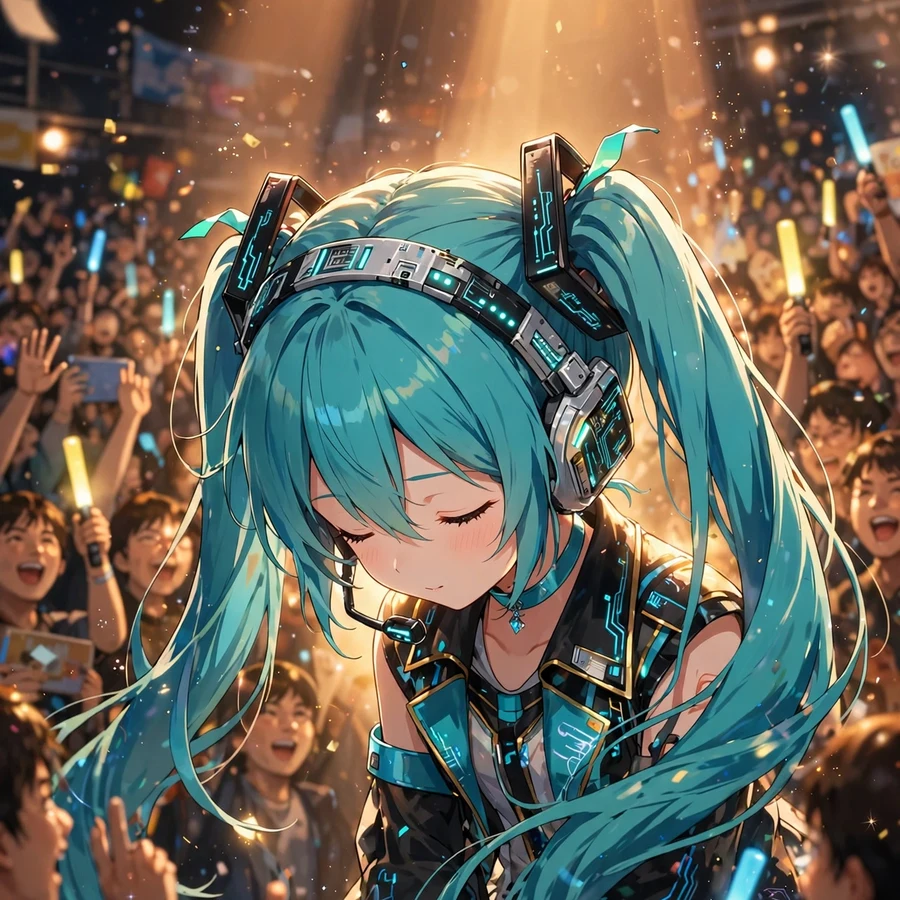 Hatsune miku pfp: original anime illustration of turquoise twin-tail singer bowing to cheering crowd