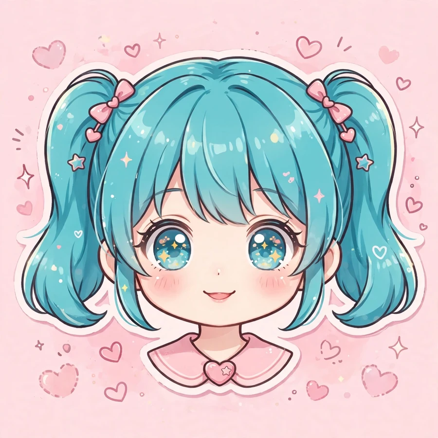 Cute miku pfp: original kawaii anime illustration of turquoise twin-tail singer girl with sparkling eyes