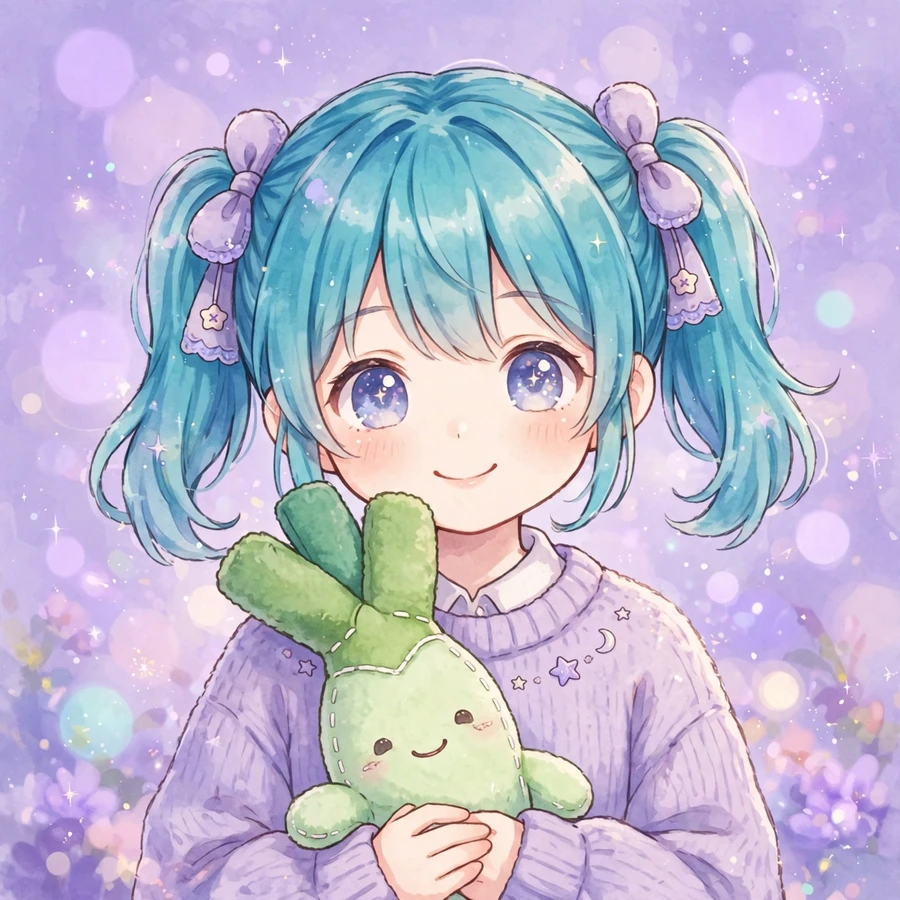 Cute miku pfp: original anime illustration of turquoise twin-tail singer girl holding a plush toy