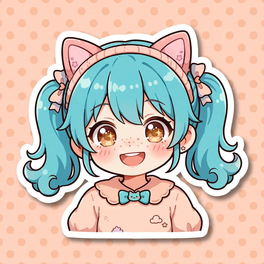 Cute miku profile picture: original kawaii anime portrait of turquoise twin-tail girl with cat-ear headband