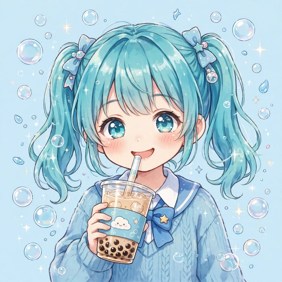 Cute hatsune miku pfp: original anime art of turquoise twin-tail girl sipping bubble tea