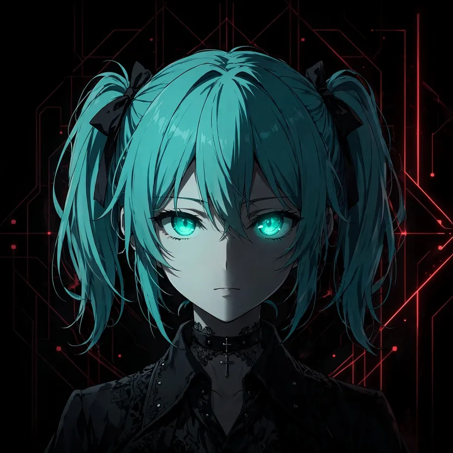 Dark miku pfp: original anime illustration of turquoise twin-tail girl half in shadow with glowing eyes