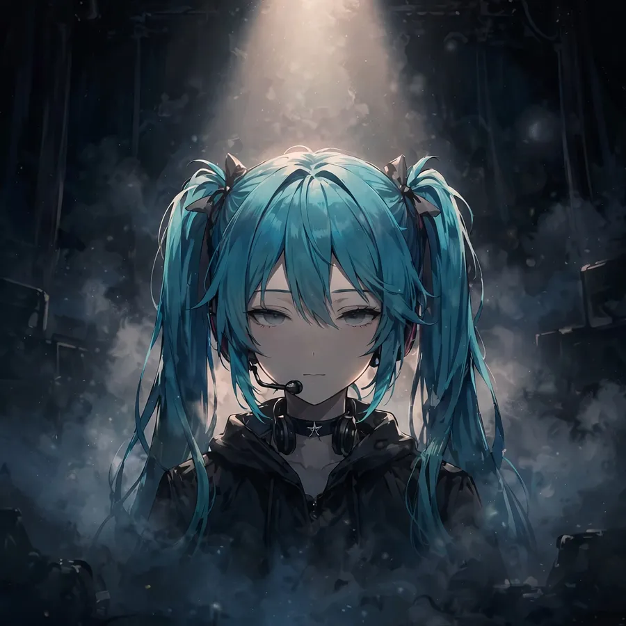 Dark hatsune miku pfp: original moody anime art of twin-tail singer silhouette in fog