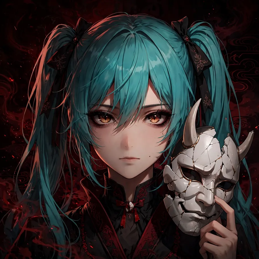 Dark miku pfp: original anime portrait with cracked porcelain mask and crimson palette