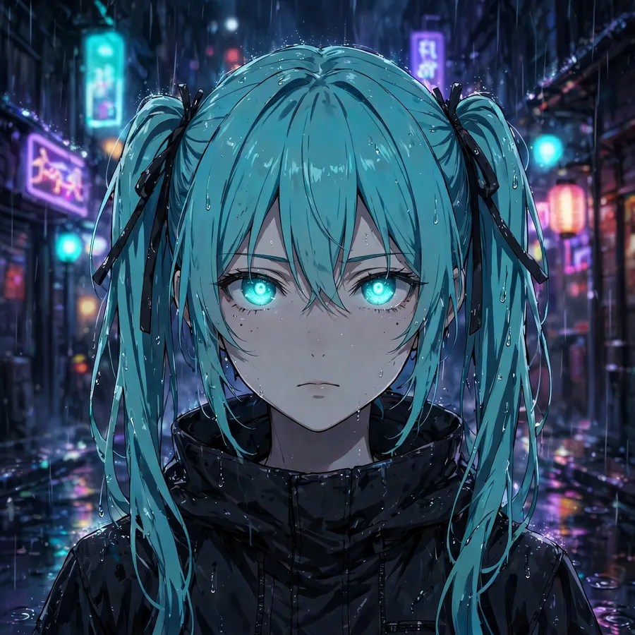 Dark hatsune miku pfp: original noir anime art in rain-soaked neon alley
