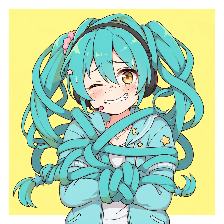 Funny hatsune miku pfp: original anime art tangled in long twin-tails with silly grin