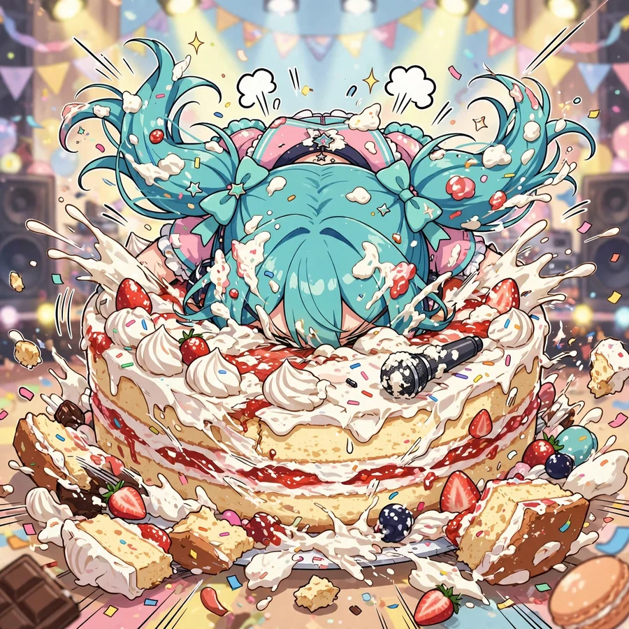 Funny hatsune miku pfp: original anime illustration face-planting into a concert cake