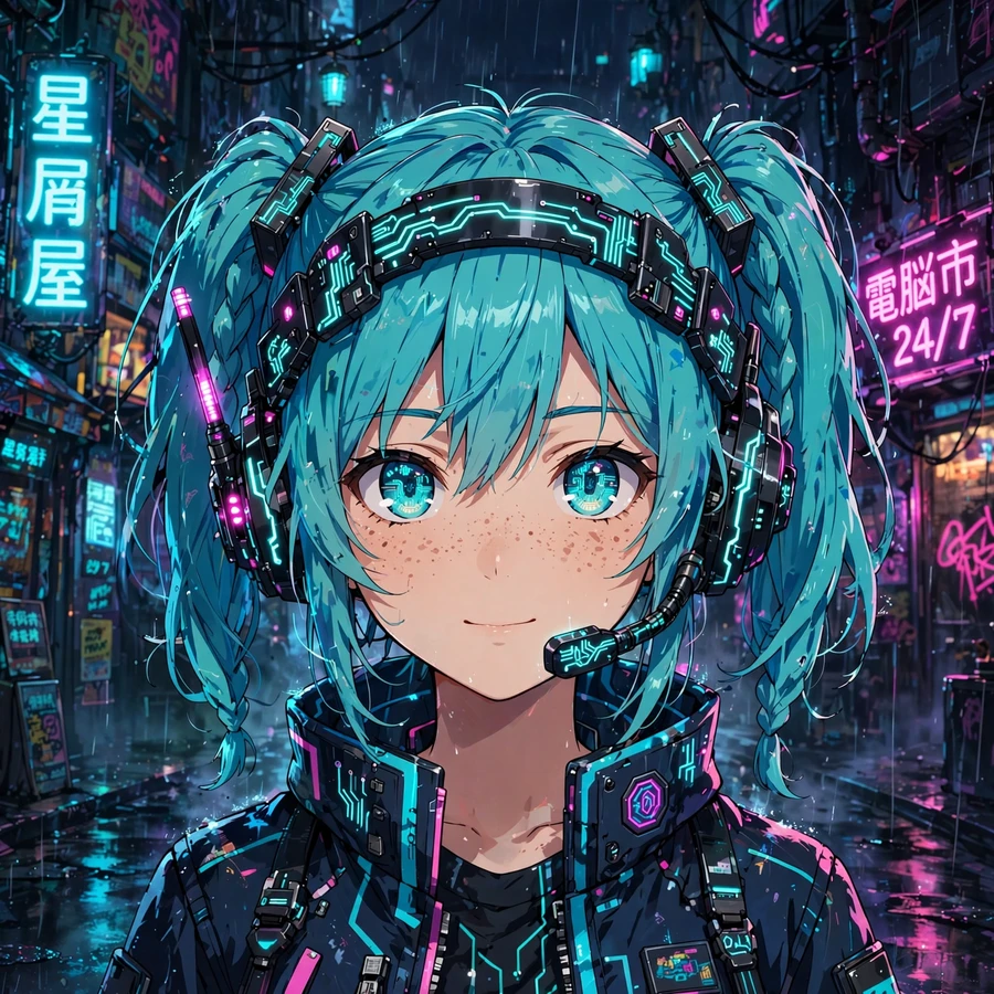 Miku pfp: original cyberpunk anime illustration of turquoise twin-tail girl in neon-lit alley