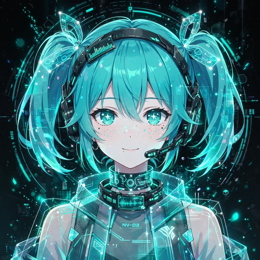 Hatsune miku pfp: original anime art of turquoise twin-tail singer as glowing hologram