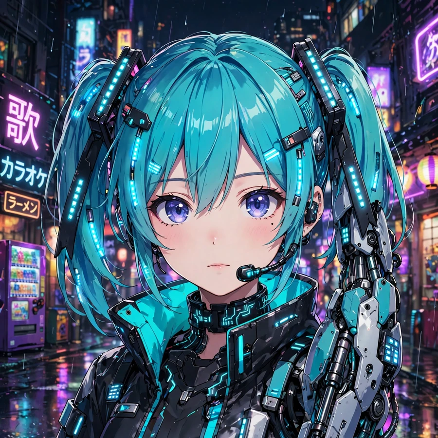 Miku pfp: original cyberpunk anime art with robotic details and LED hair highlights