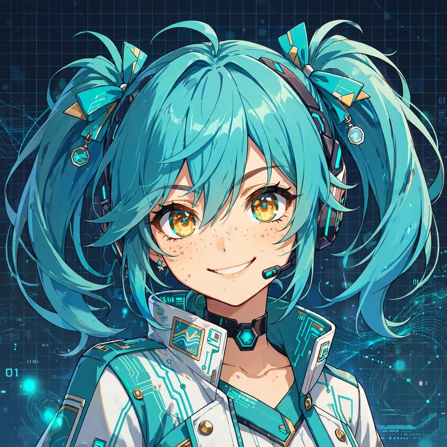 Miku profile picture: original anime close-up with bright expressive eyes and digital grid