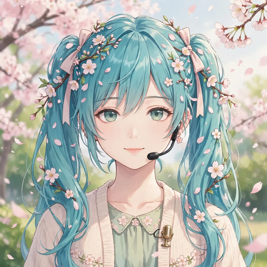 Miku profile picture: original anime illustration with cherry blossom petals in twin-tail hair